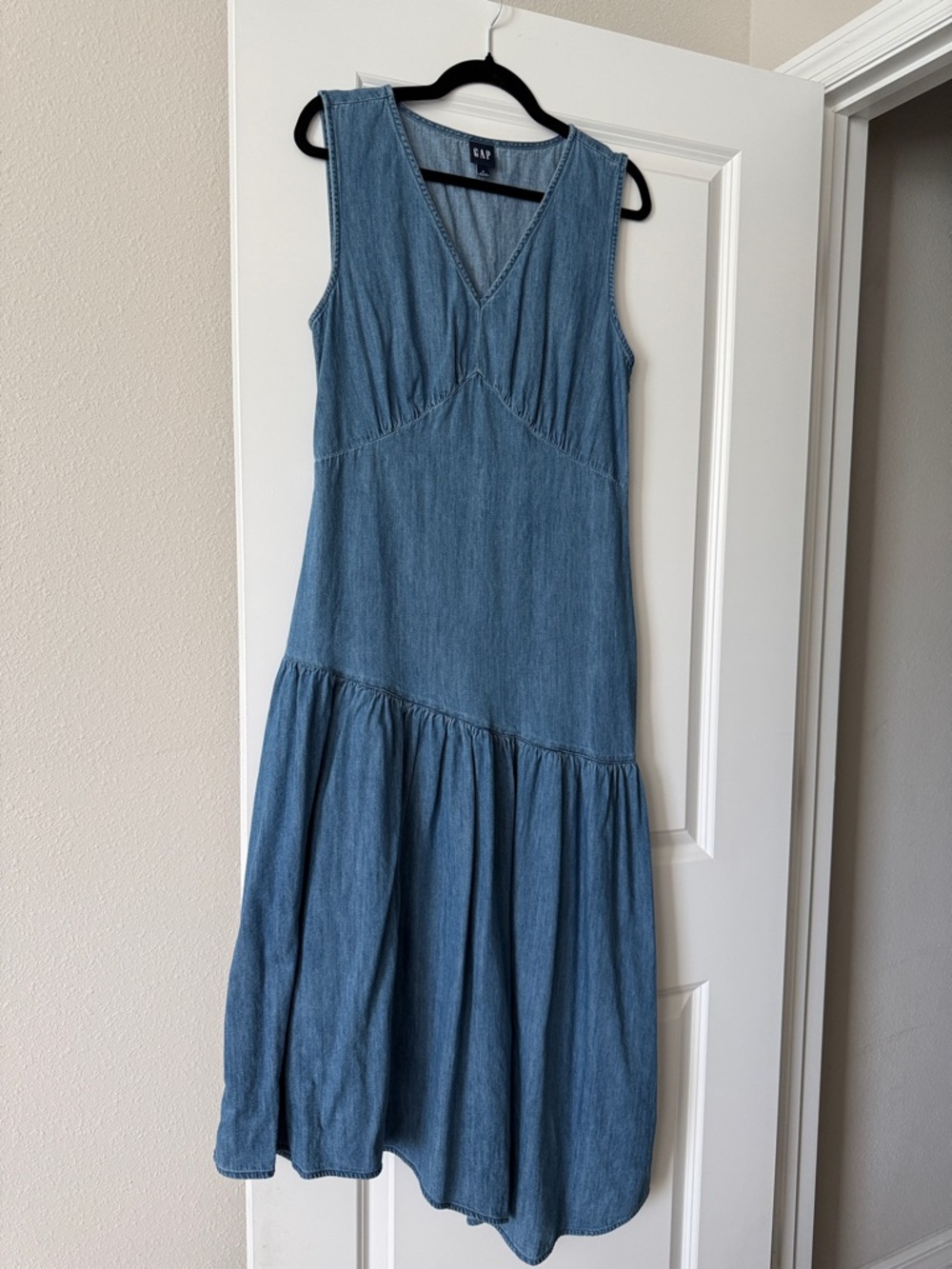 GAP  Asymmetrical Medium Wash Denim Maxi Dress with V-Neck